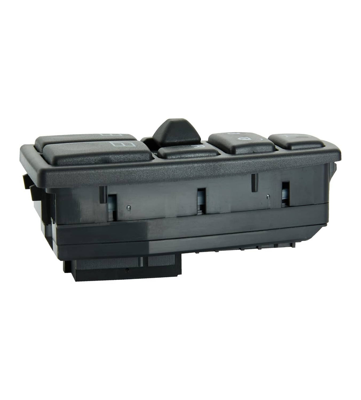 Black power window switch side view with switch housing and electrical contact slots.