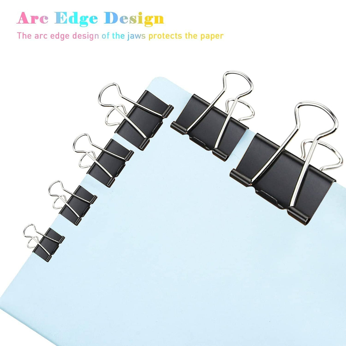 Black binder clips securing papers at the edge with silver wire handles
