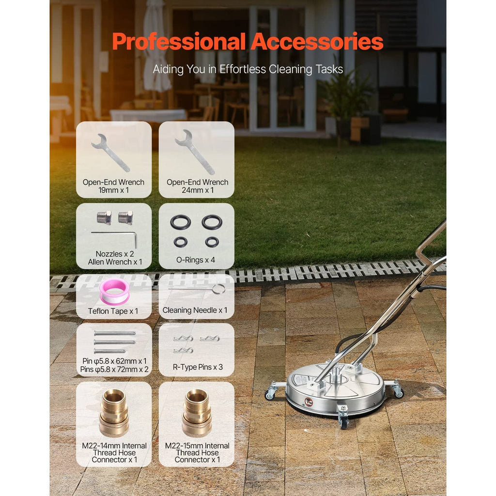Surface cleaner with 4 wheels and dual handle, shown with included wrench and nozzles