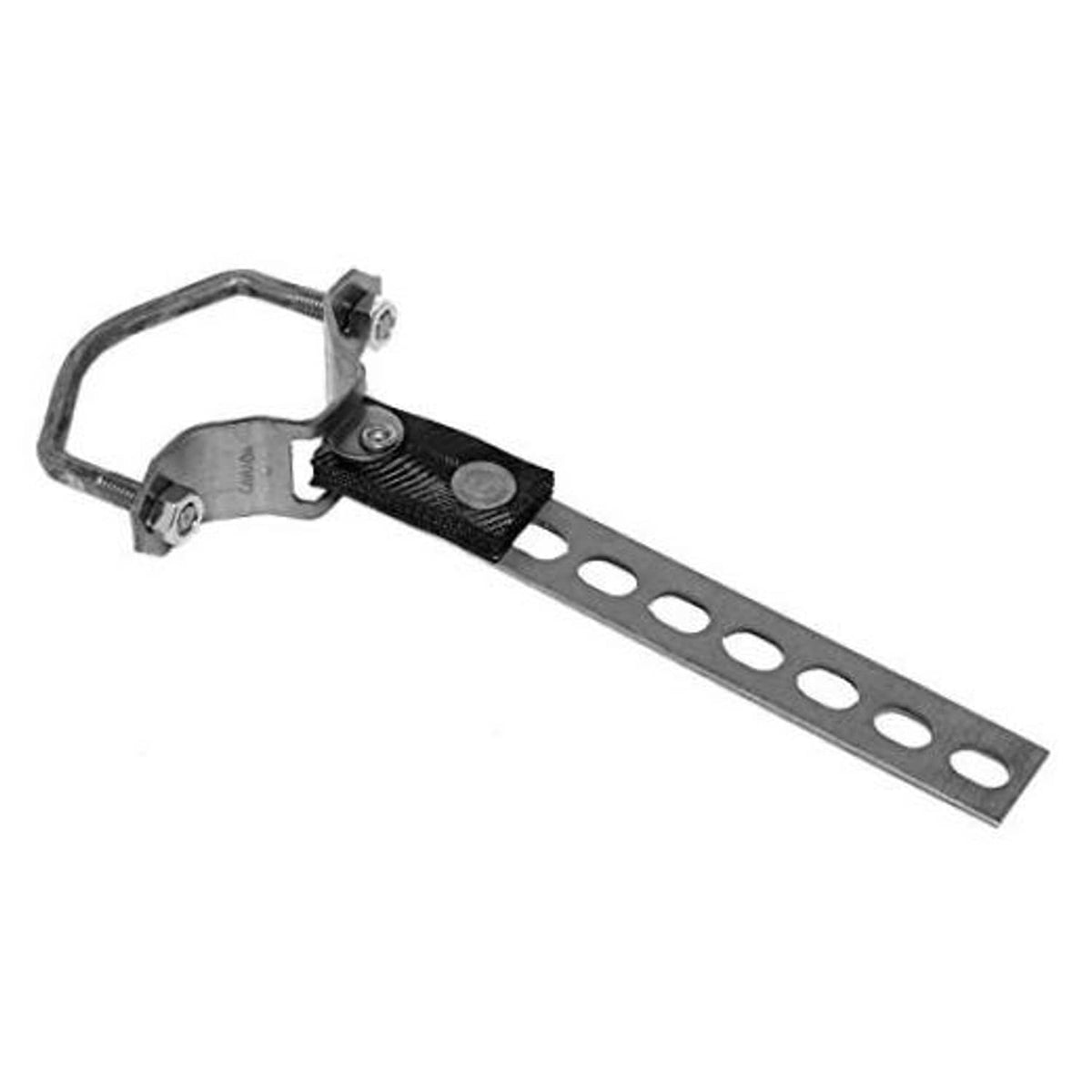 Exhaust system hanger with perforated steel strap and U-bolt clamps, dark finish