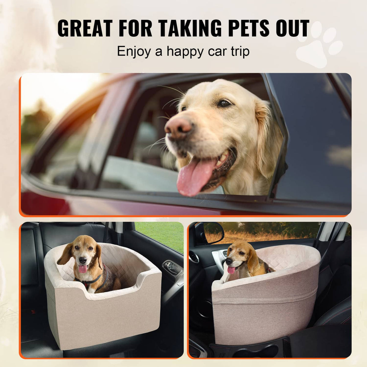 Brown pet booster car seat with dog inside, designed for car travel