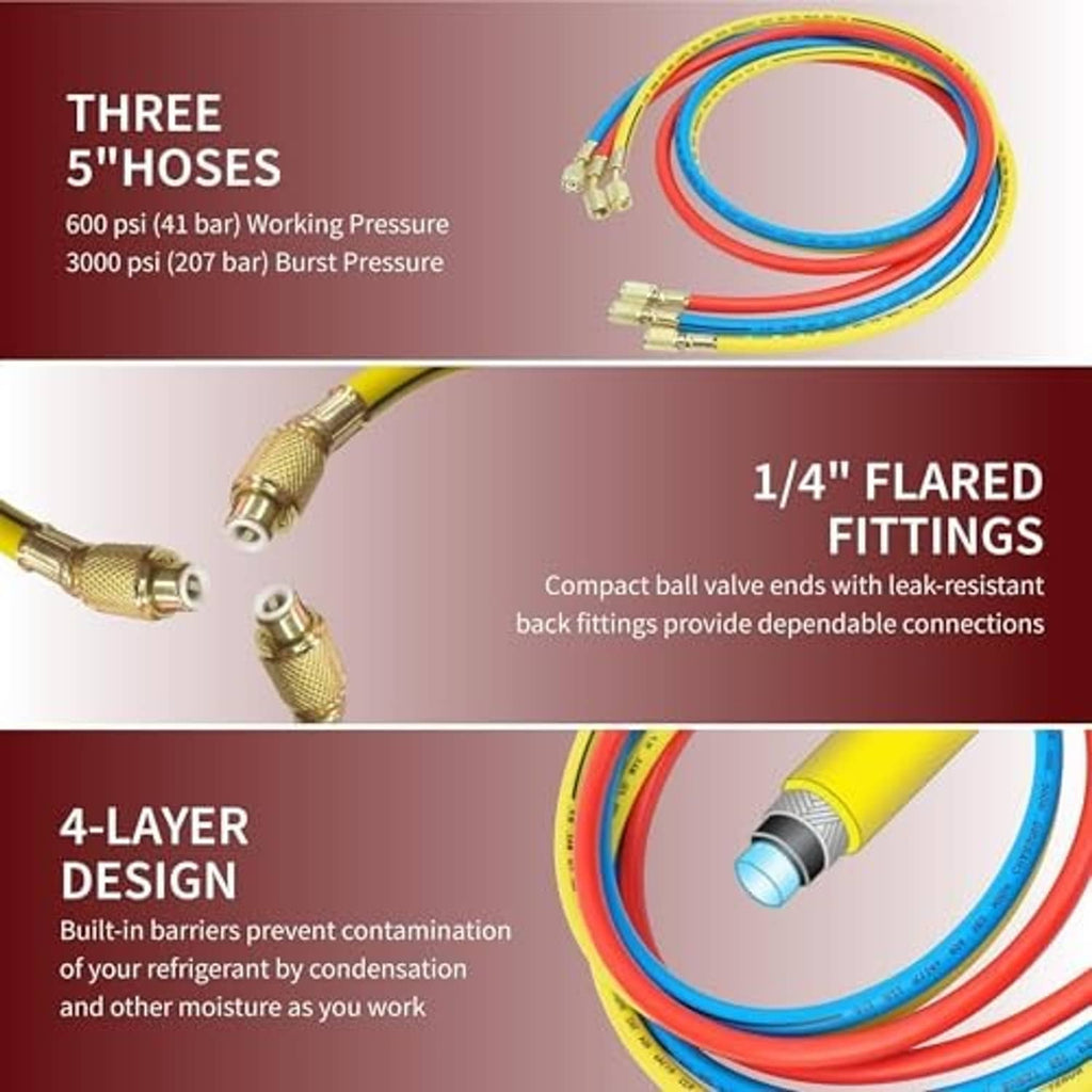 Three 5-ft AC hoses with 1/4-inch flare fittings for manifold gauge connection