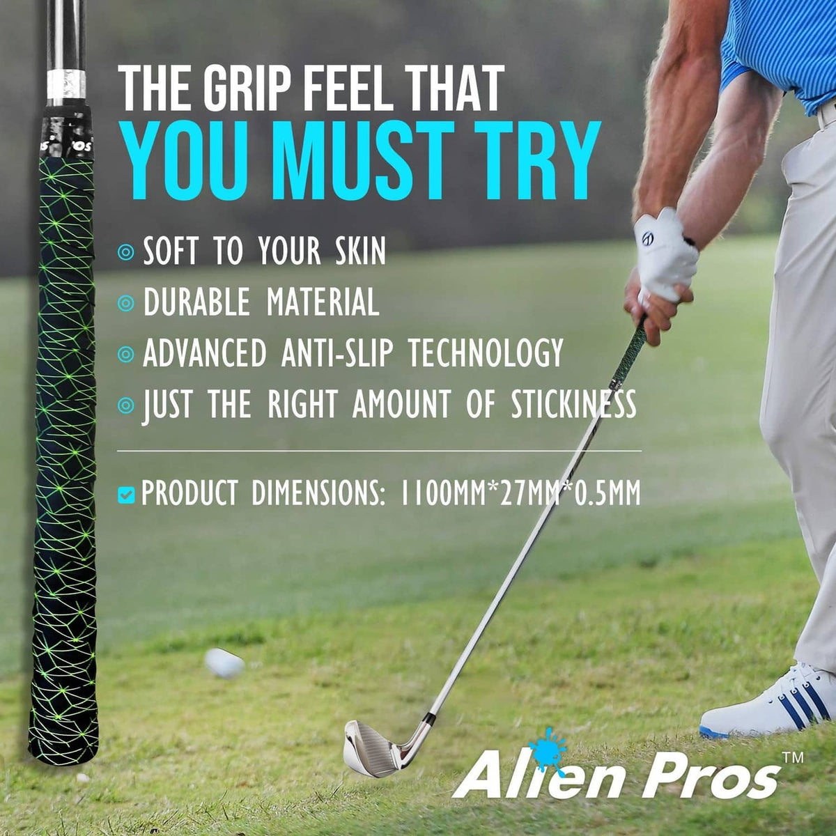 Golf grip wrap graphic with black tape roll and green product feature text
