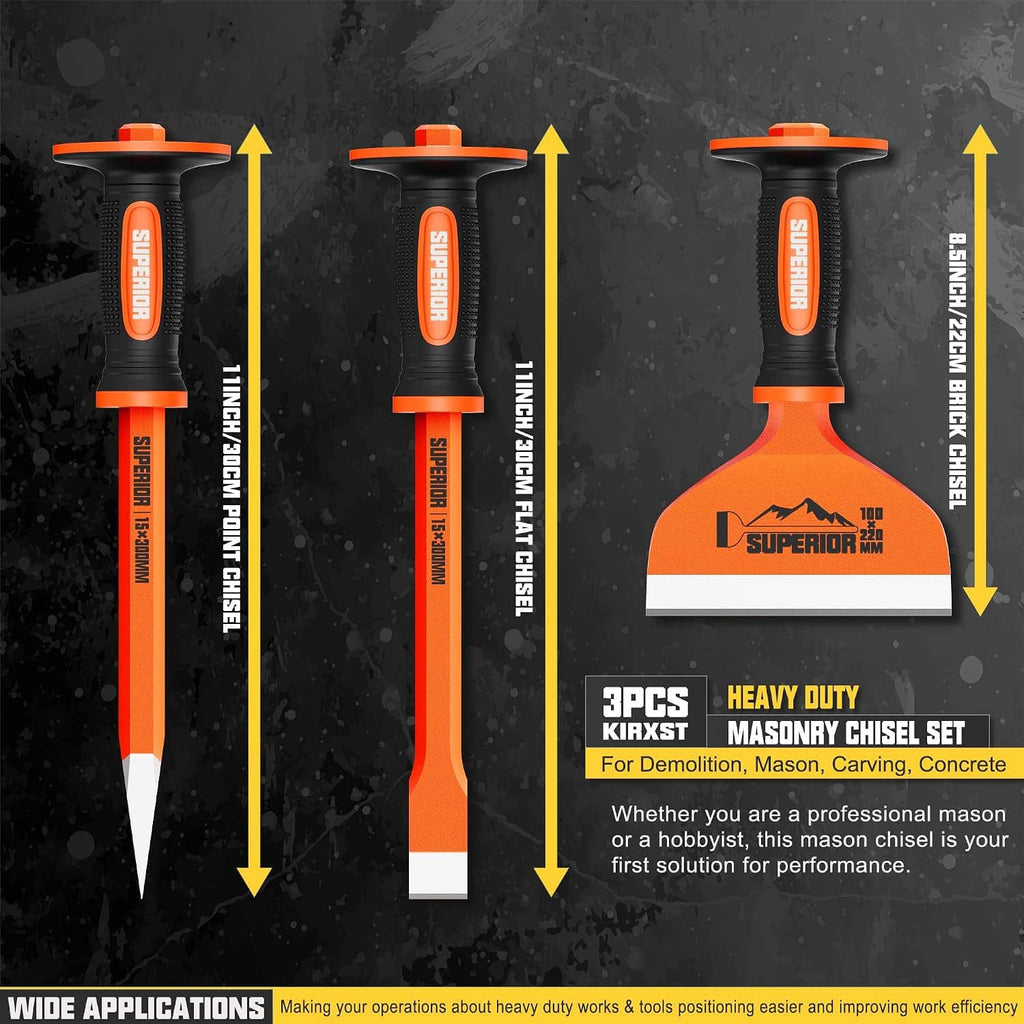 3-piece masonry chisel set with three orange-and-black chisels and pointed steel tips