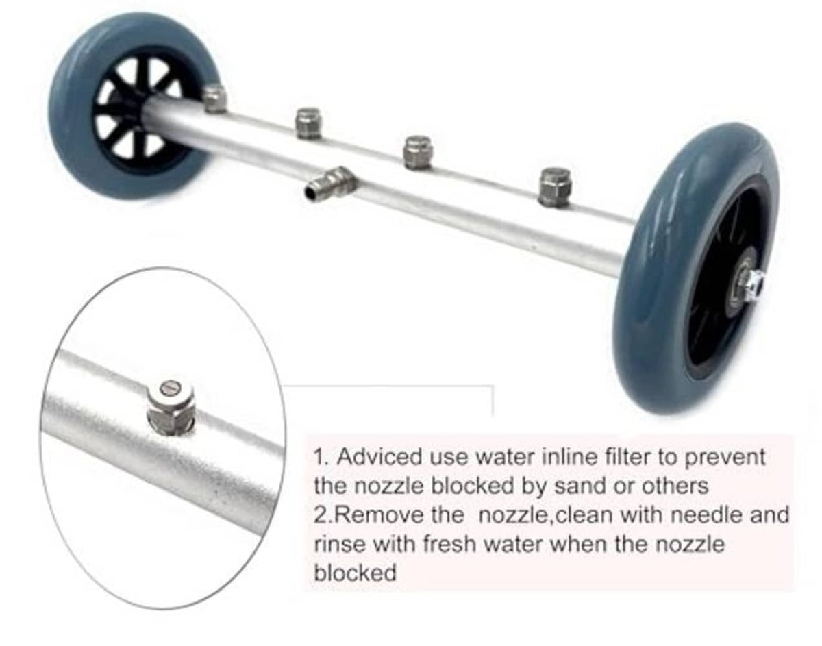 Undercarriage pressure washer cleaner wand with blue wheels and multi-nozzle head