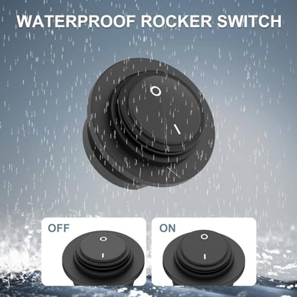 Waterproof black rocker switch with round ON/OFF markings and protective housing