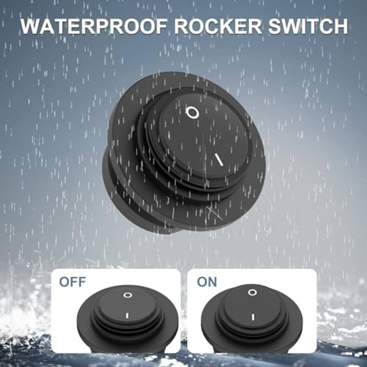 Waterproof black rocker switch with round ON/OFF markings and protective housing