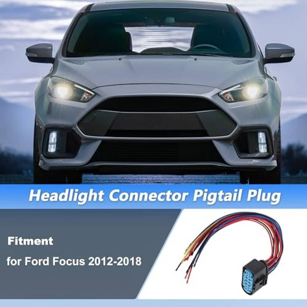 Front car headlights with 14-pin headlight connector pigtail plug inset, blue socket, multicolor wires