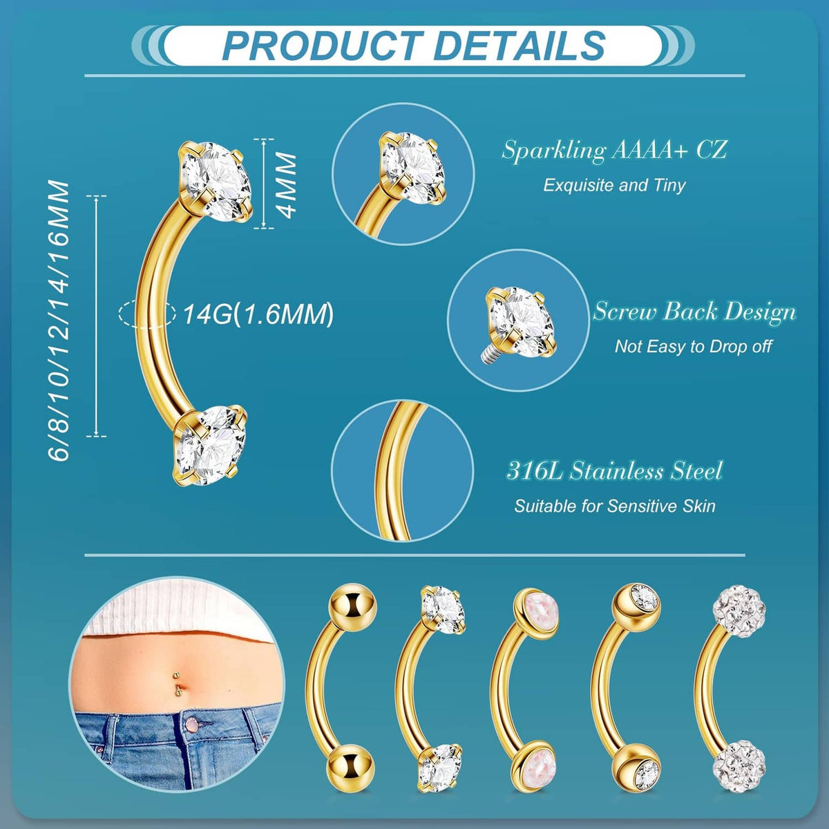 Five gold belly button rings with CZ stones, curved bar design and ball ends