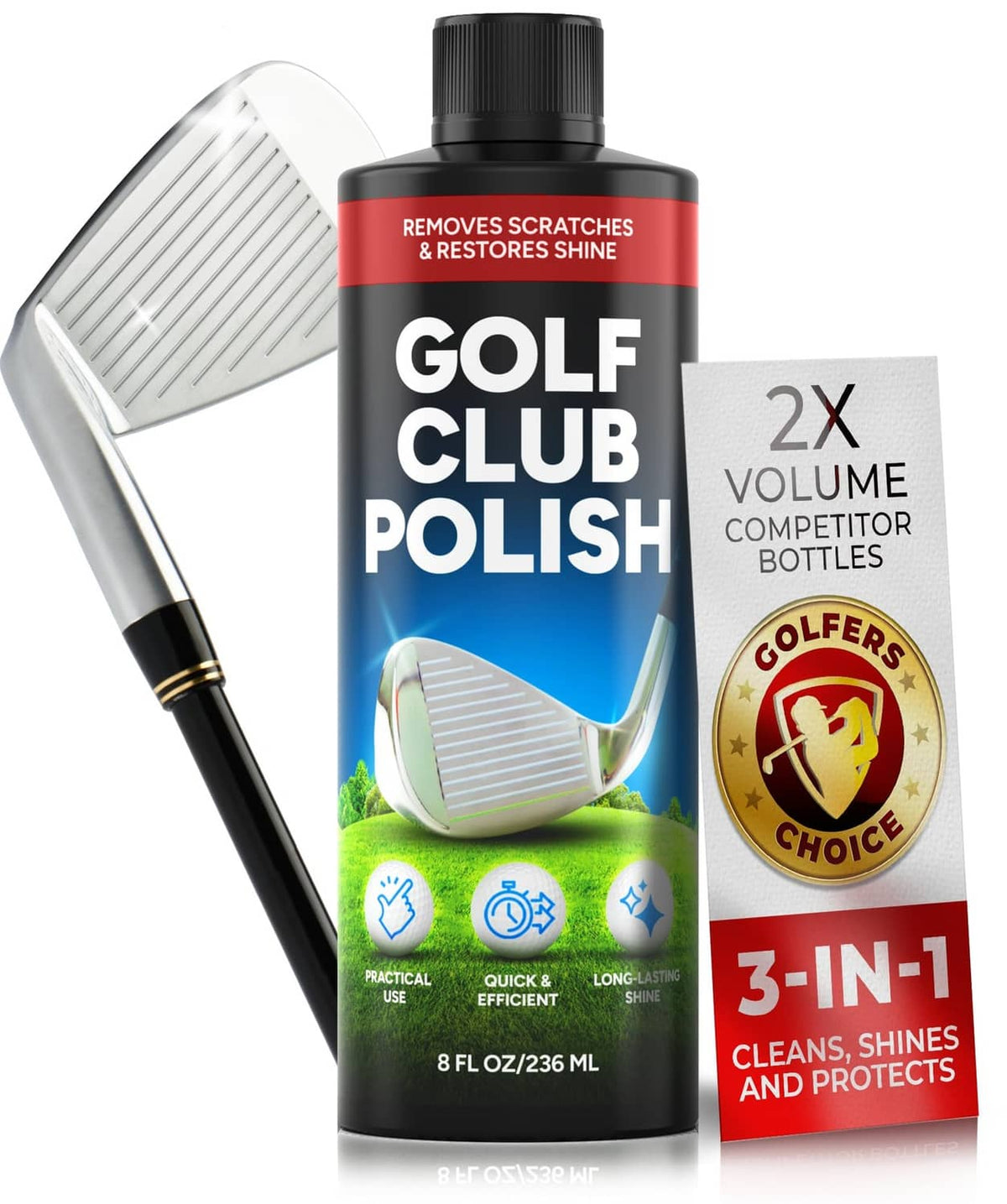 Golf club polish bottle with wedge head for 3-in-1 cleaning, shining, protection.