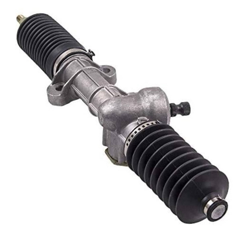 Steering gear box assembly with silver metal housing and black corrugated rubber boots