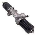 Steering gear box assembly with silver metal housing and black corrugated rubber boots