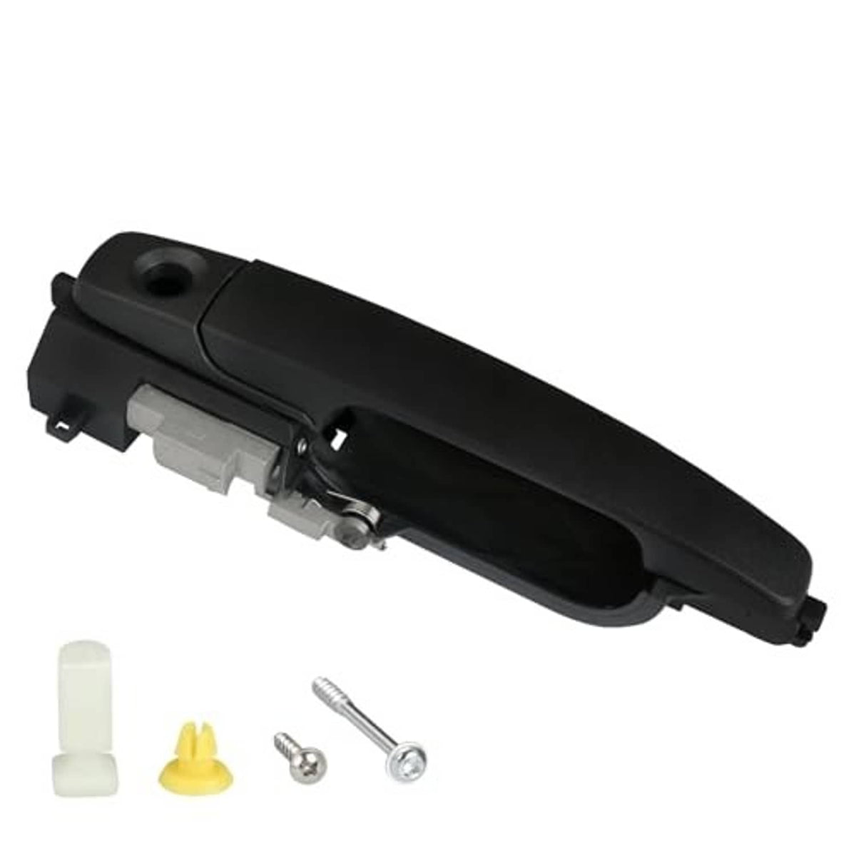 Black exterior door handle with keyhole area and attached mounting hardware