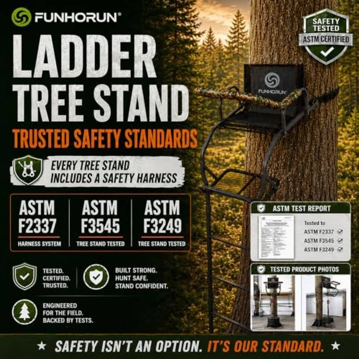 Ladder tree stand with safety-tested design, padded seat, and shooting rail on a tree