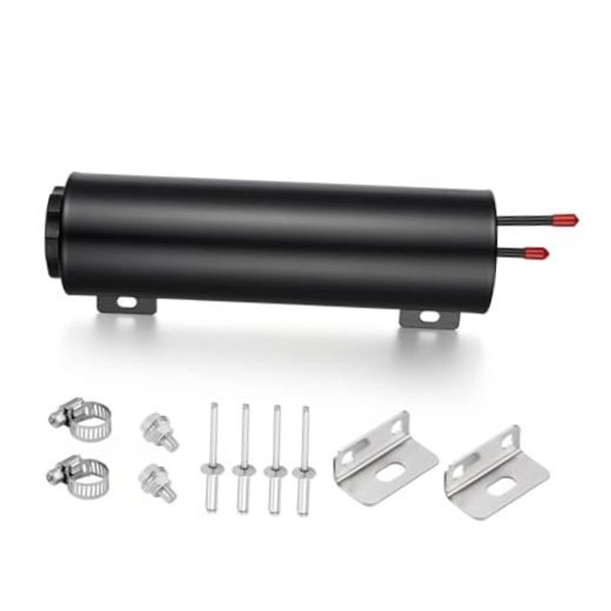 Black aluminum radiator coolant overflow tank with mounting feet and red outlet wires