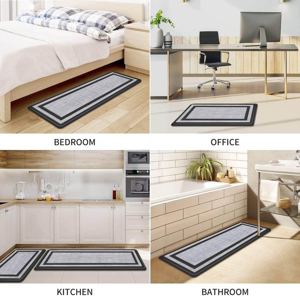 Kitchen, bedroom, office, and bathroom uses of gray mat runners with black frames