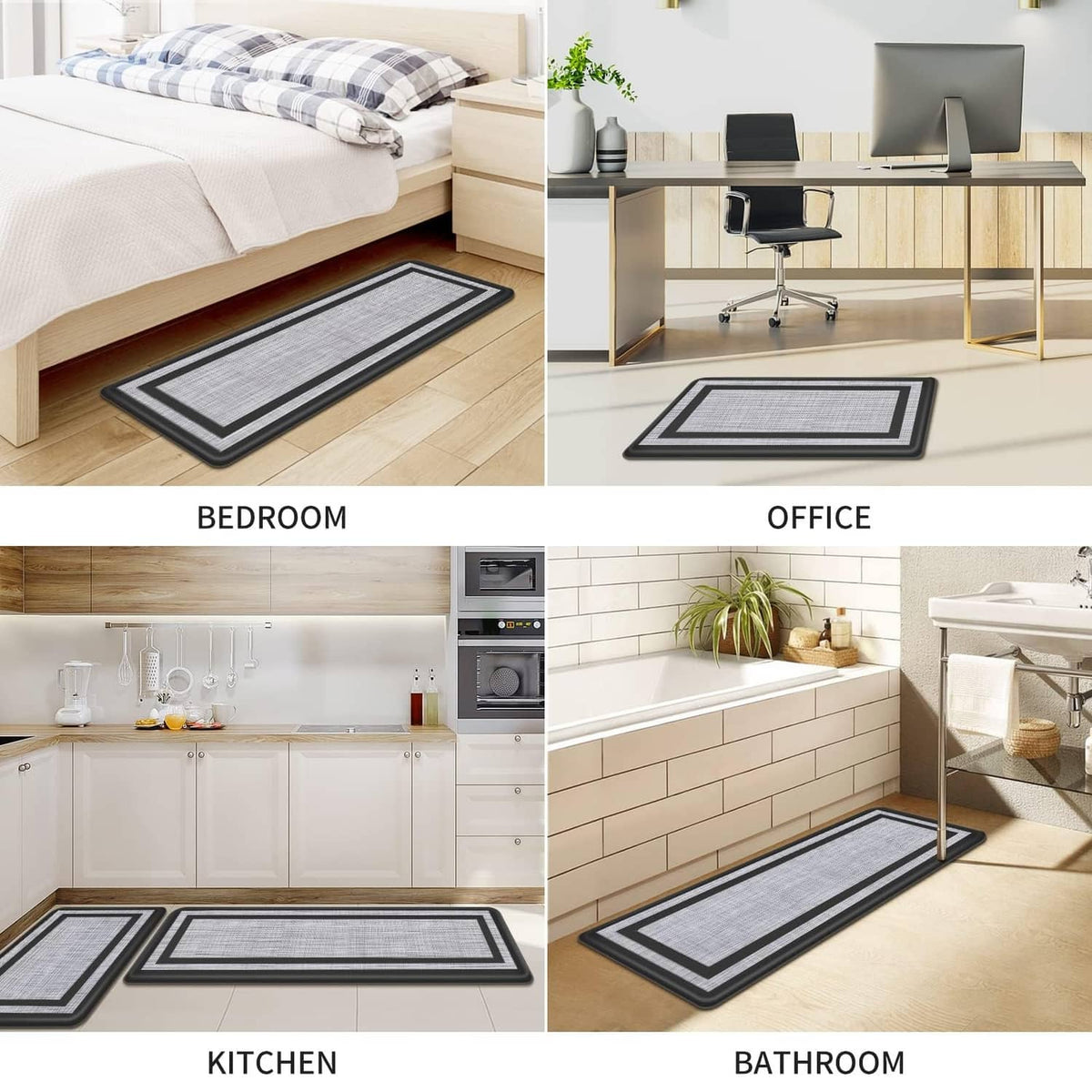 Kitchen, bedroom, office, and bathroom uses of gray mat runners with black frames