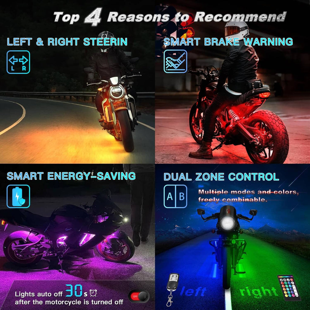 RGB LED light kit on motorcycle with dual-zone left and right steering lighting