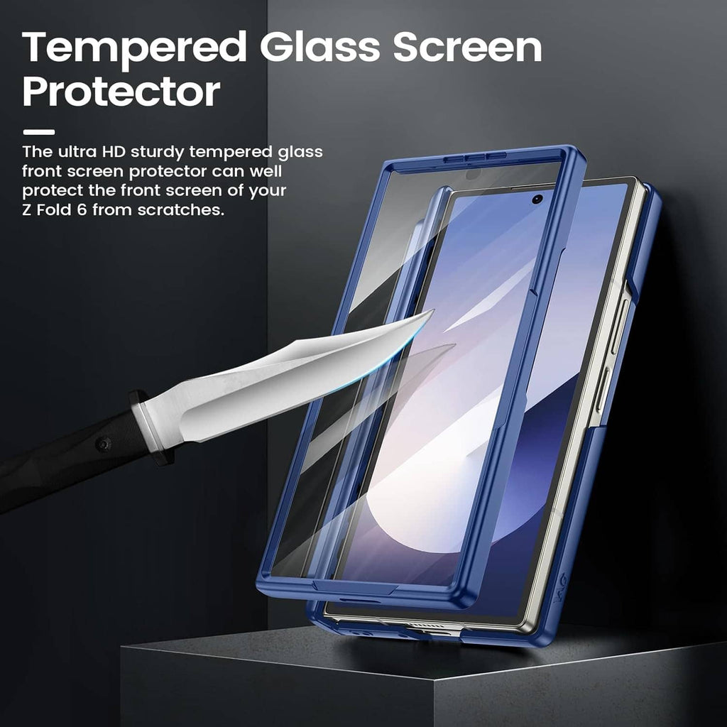 Blue fold phone case with tempered glass screen protector panel for front protection