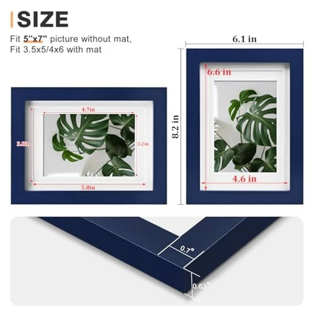 Navy 5x7 photo frame size diagram with plexiglass and border measurements