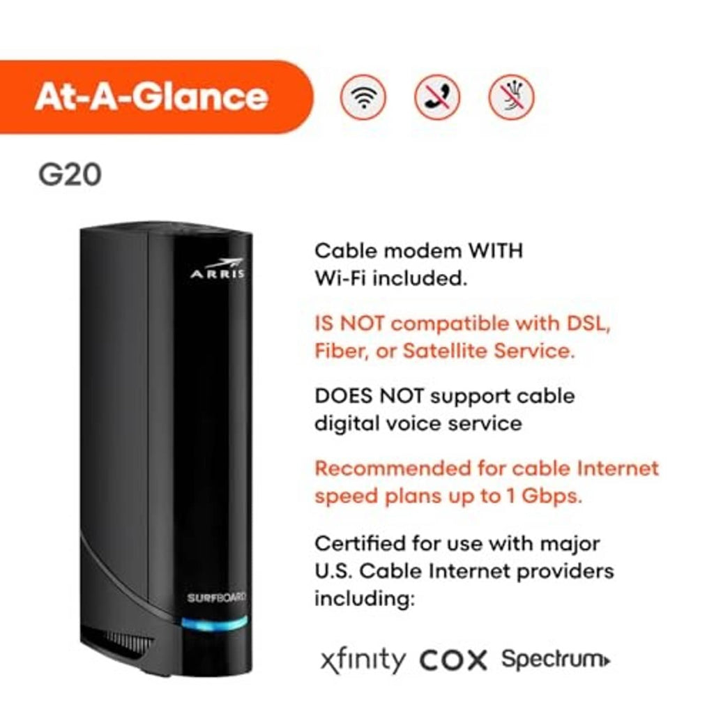ARRIS SURFboard cable modem router with Wi-Fi included, black with blue LED