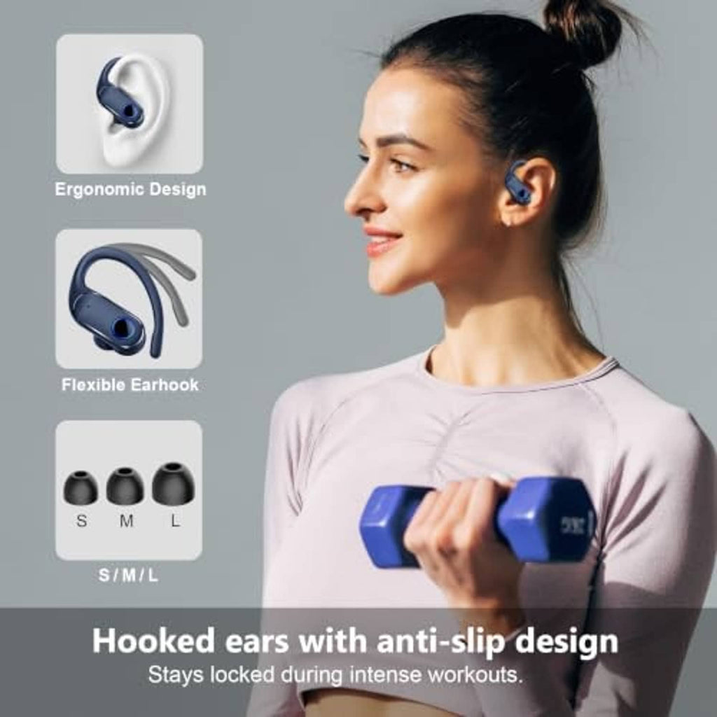 Dark blue wireless earbuds worn by a person with ergonomic earhook design