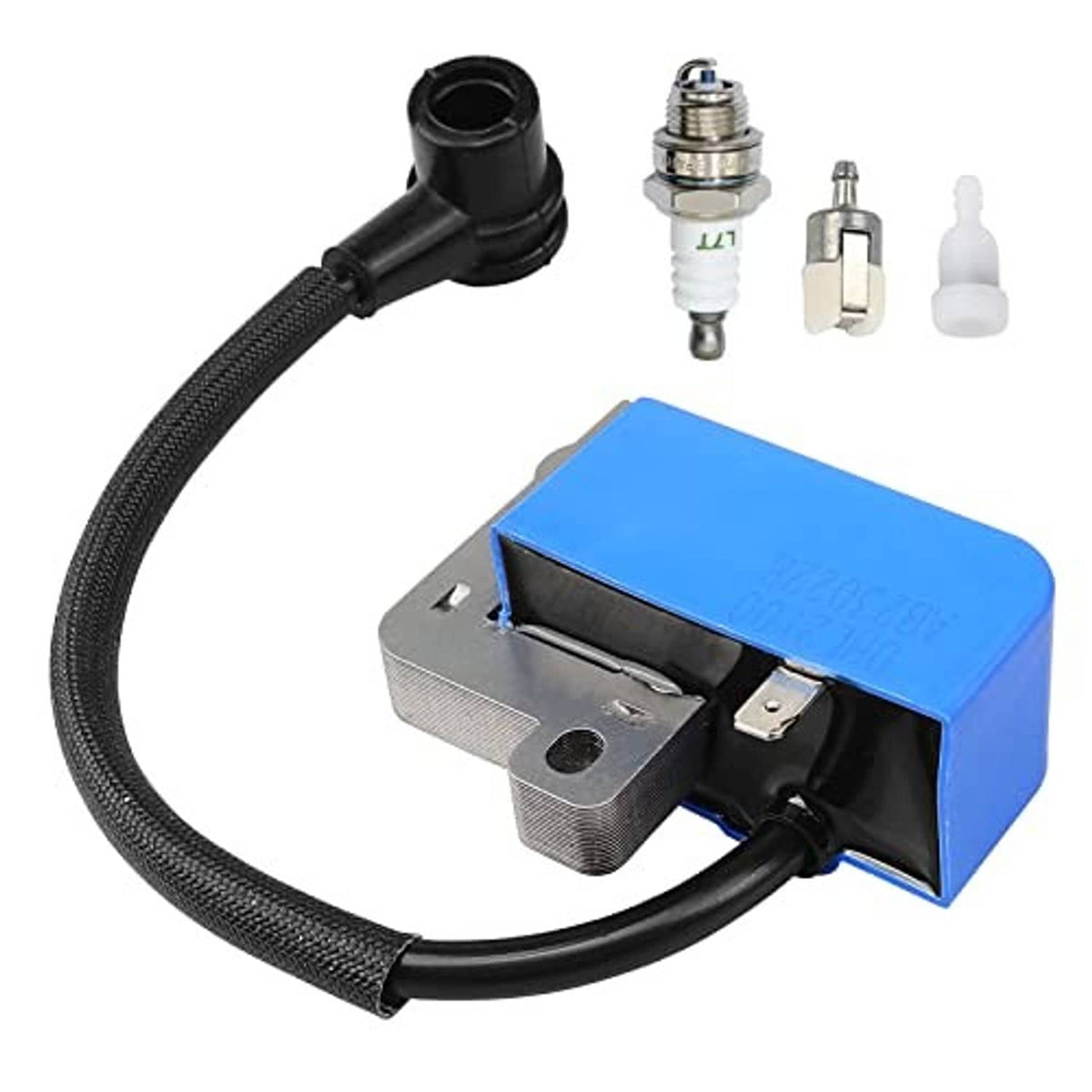 Ignition coil module kit with blue housing, black wire, spark plug, and white connector pieces