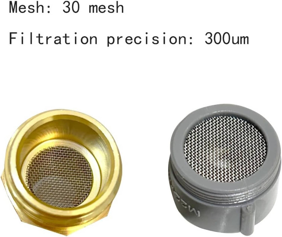Faucet aerator screens with fine mesh insert, brass and gray metal housings