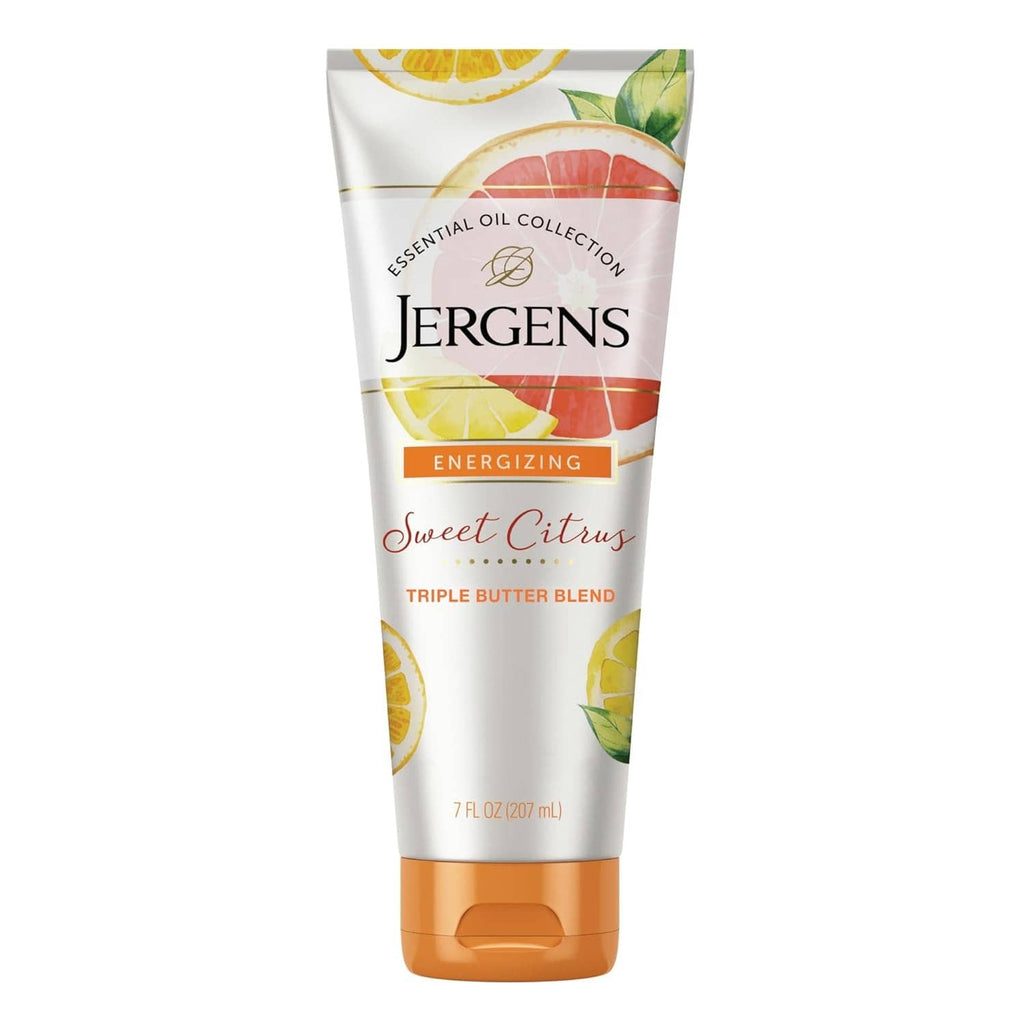 Jergens Sweet Citrus body butter tube, white with orange bottom cap and citrus graphics.