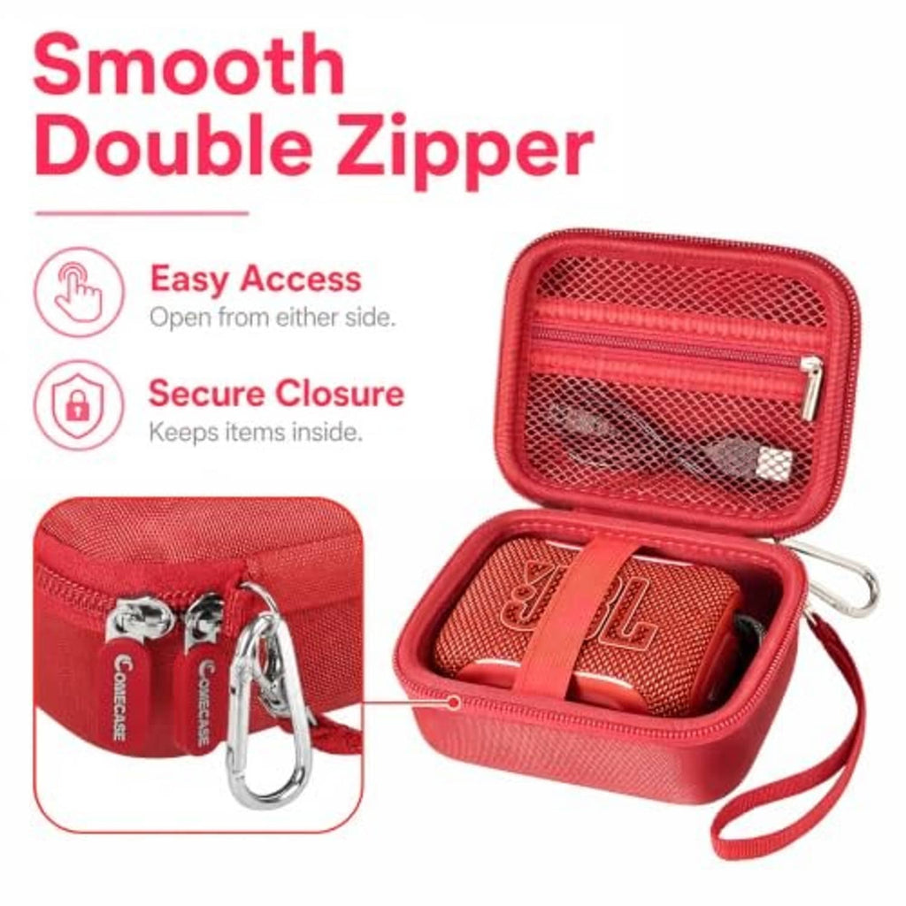 Red hard EVA speaker case with smooth double zipper, mesh pocket and front compartment