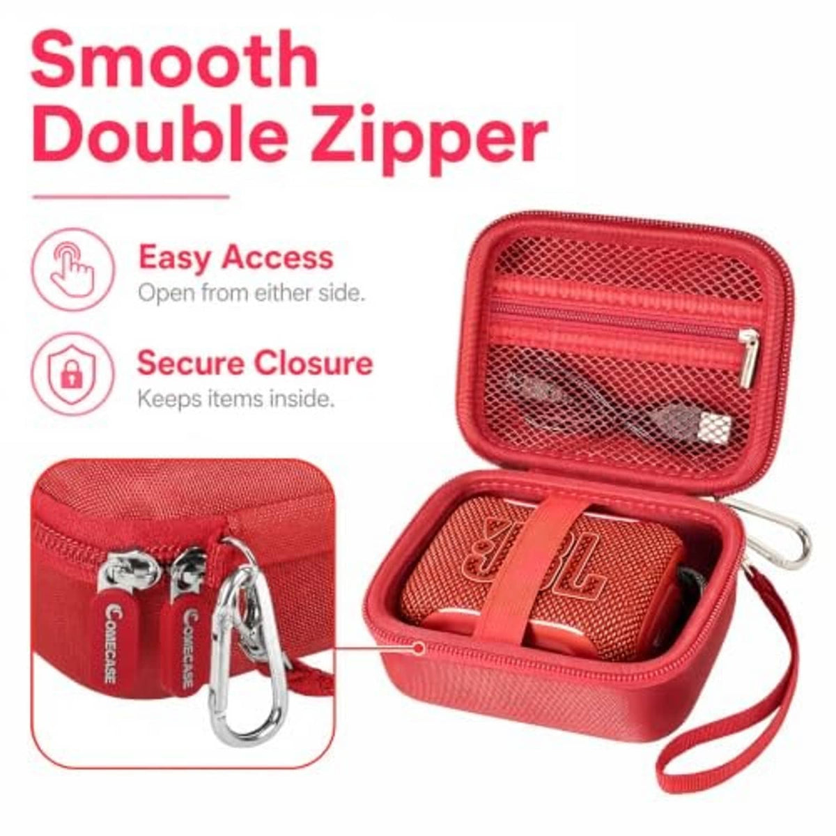 Red hard EVA speaker case with smooth double zipper, mesh pocket and front compartment