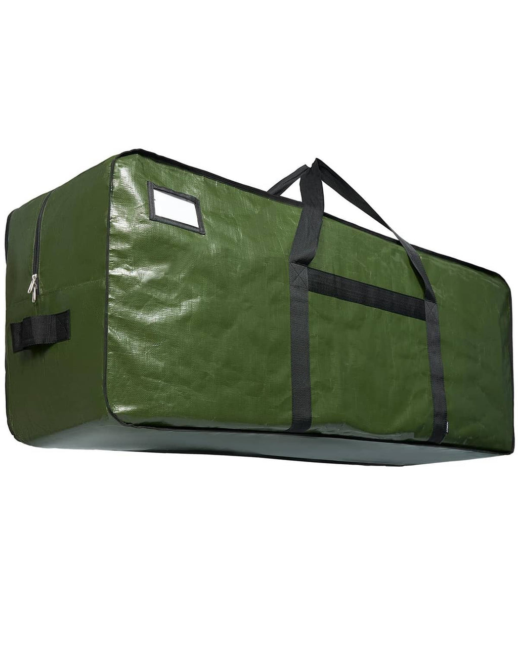 Green Christmas tree storage bag with clear window panel and dark webbing straps
