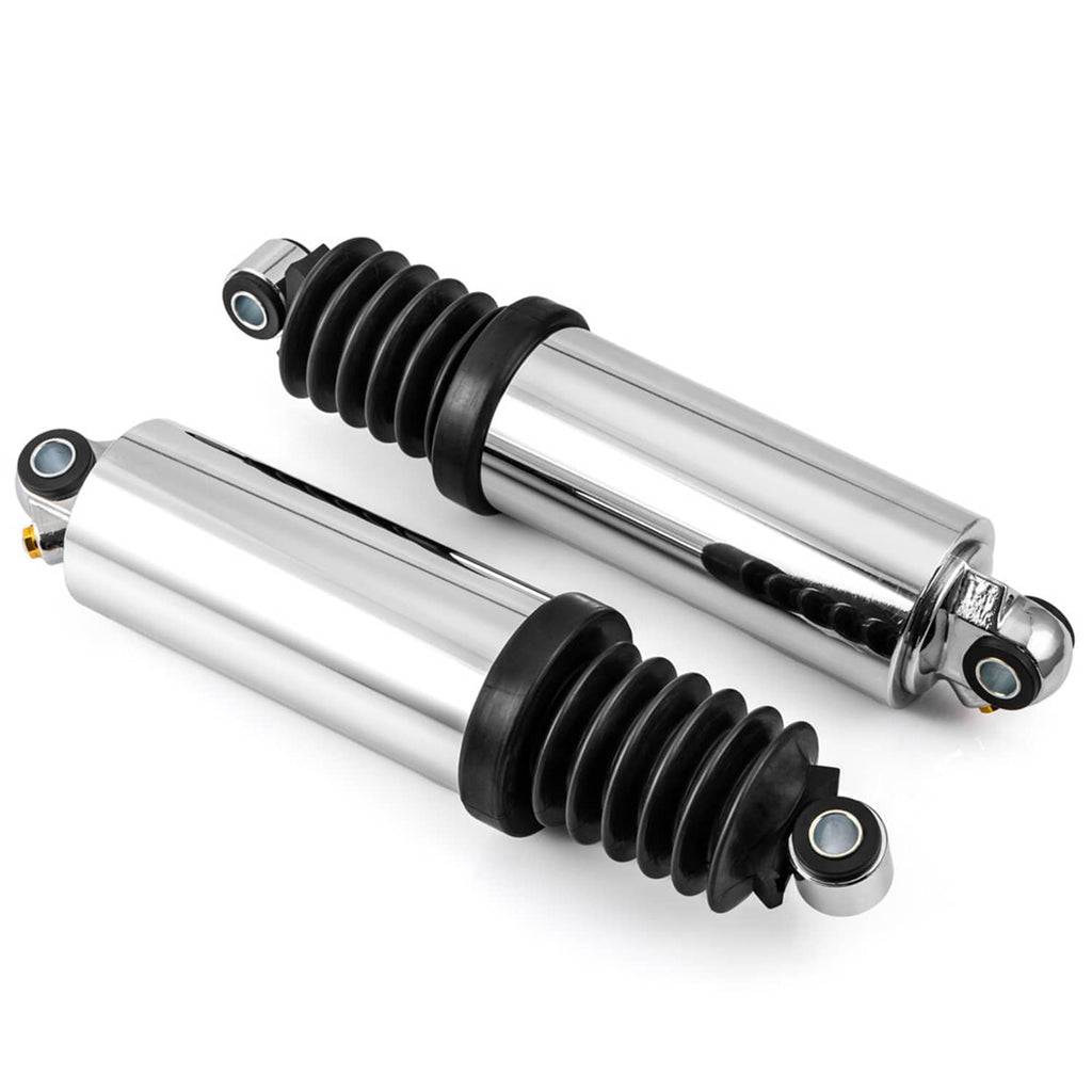 Two chrome air shock absorbers with black bellows and multiple mounting points.