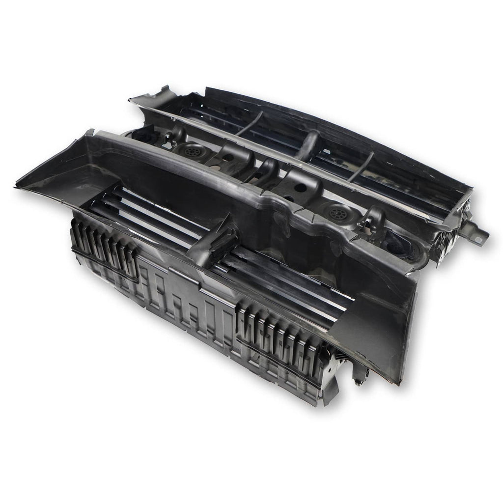 Front active grille shutter assembly with motor, side view of black shutter housing