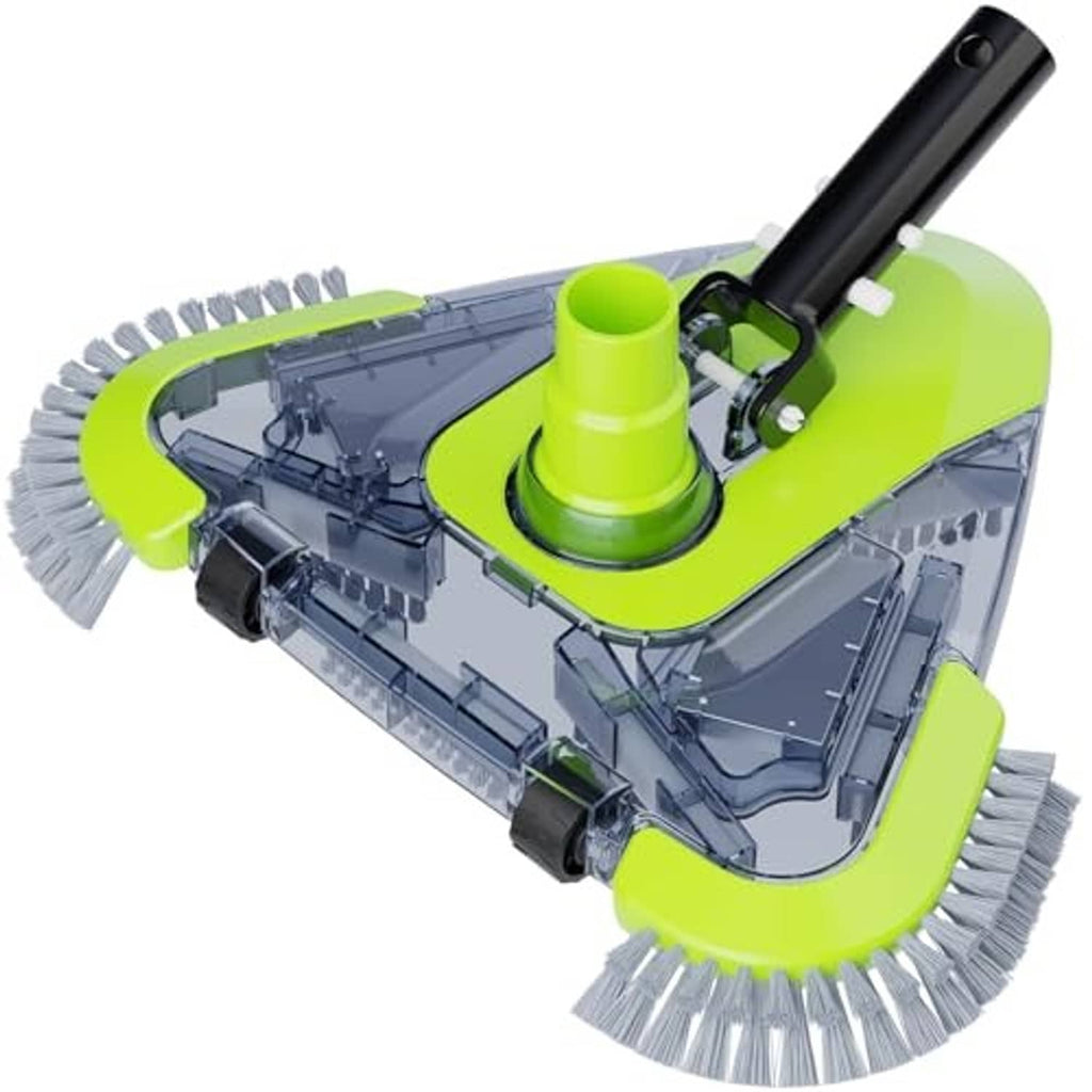 Pool vacuum head with green base, gray bristle brushes, side brushes, and hose connector.