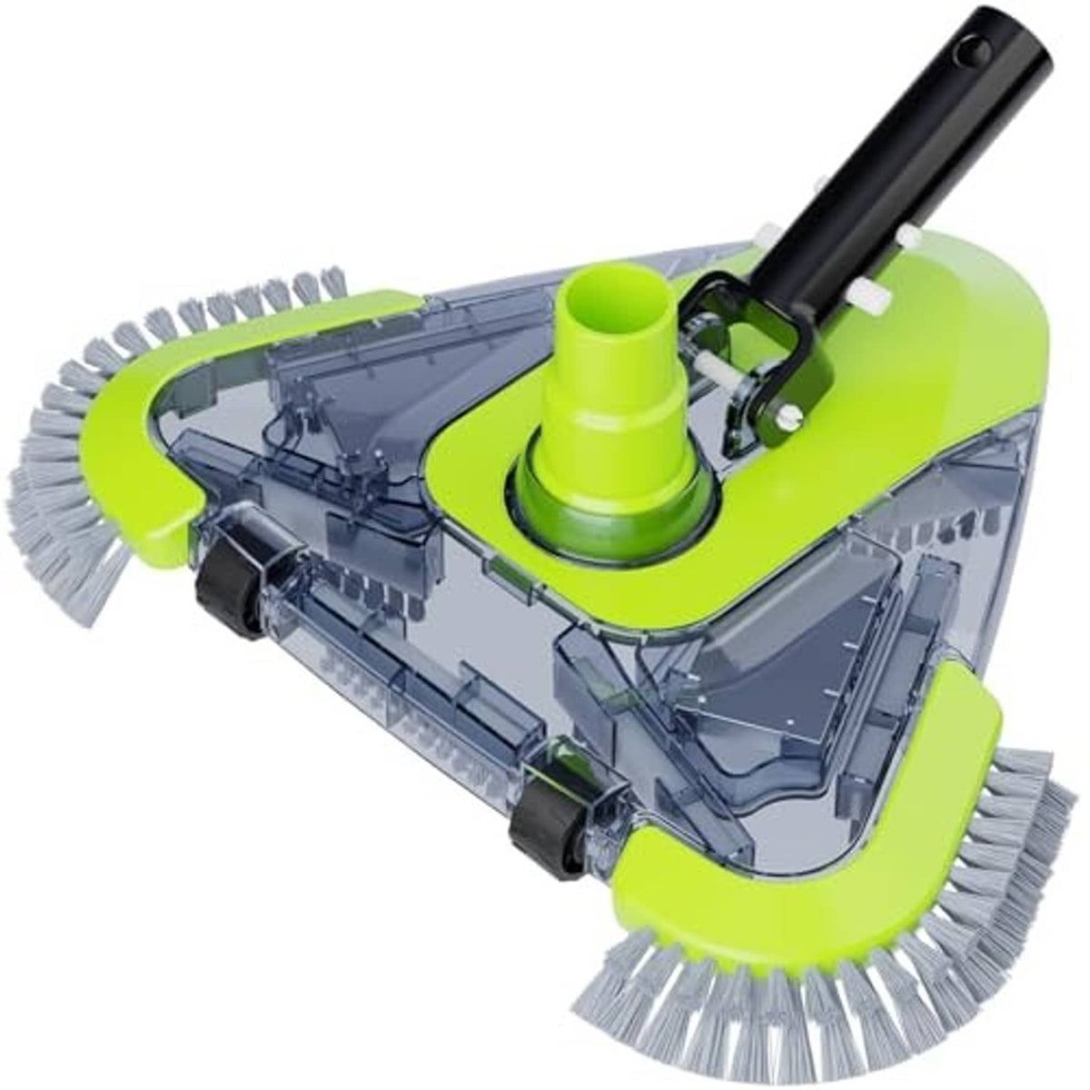 Pool vacuum head with green base, gray bristle brushes, side brushes, and hose connector.