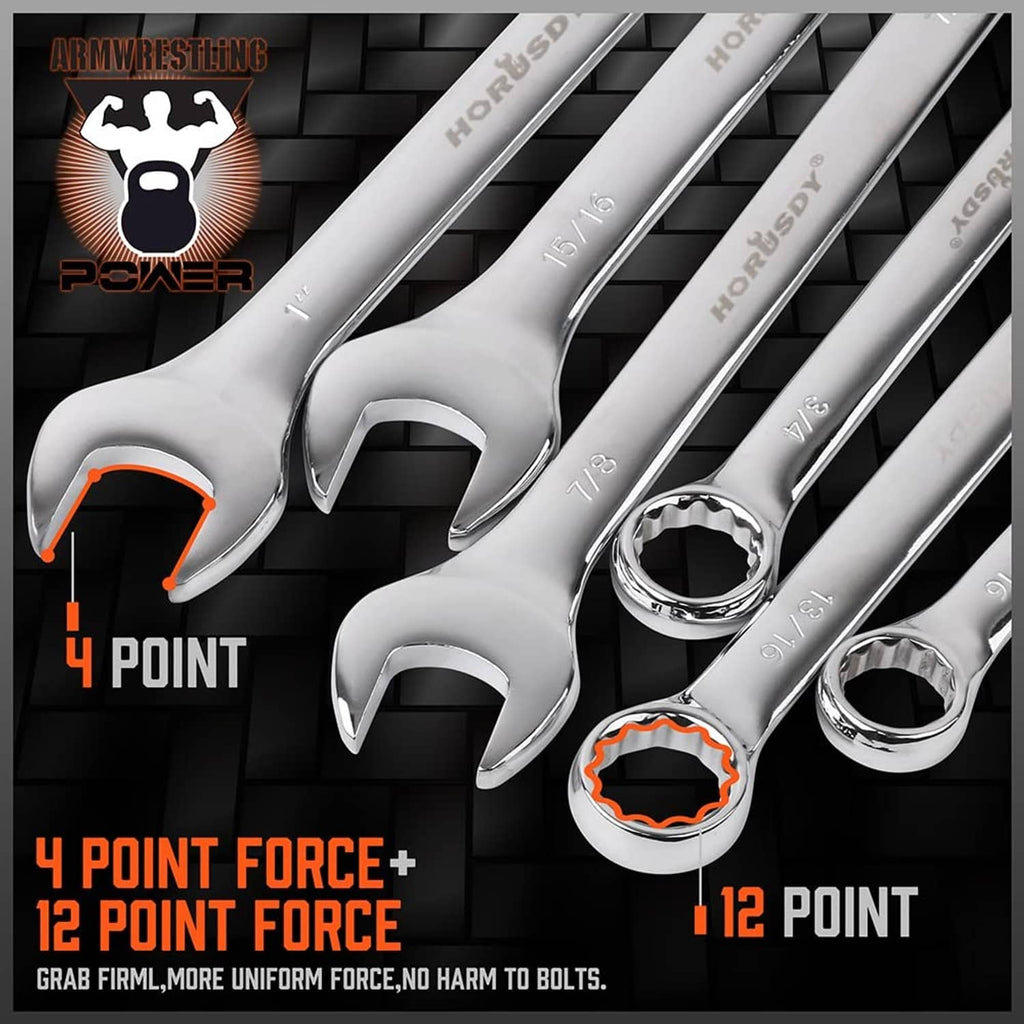Chrome combination wrenches with multi-point box ends, neatly arranged in a row