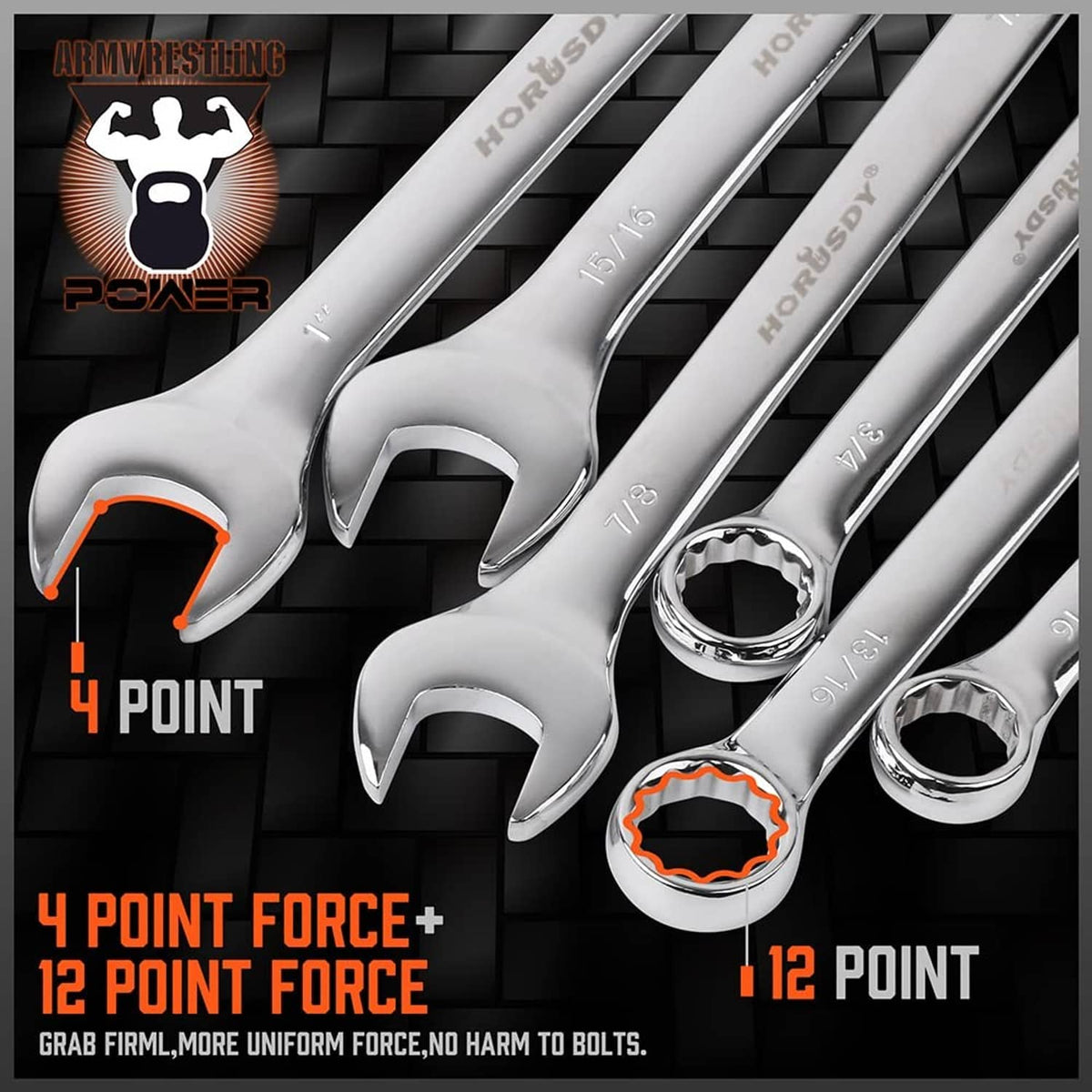 Chrome combination wrenches with multi-point box ends, neatly arranged in a row
