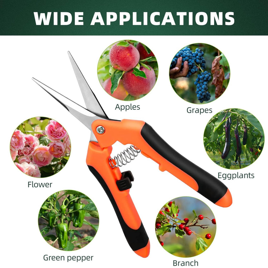 Orange pruning shears with stainless blades and black ergonomic grip for garden trimming