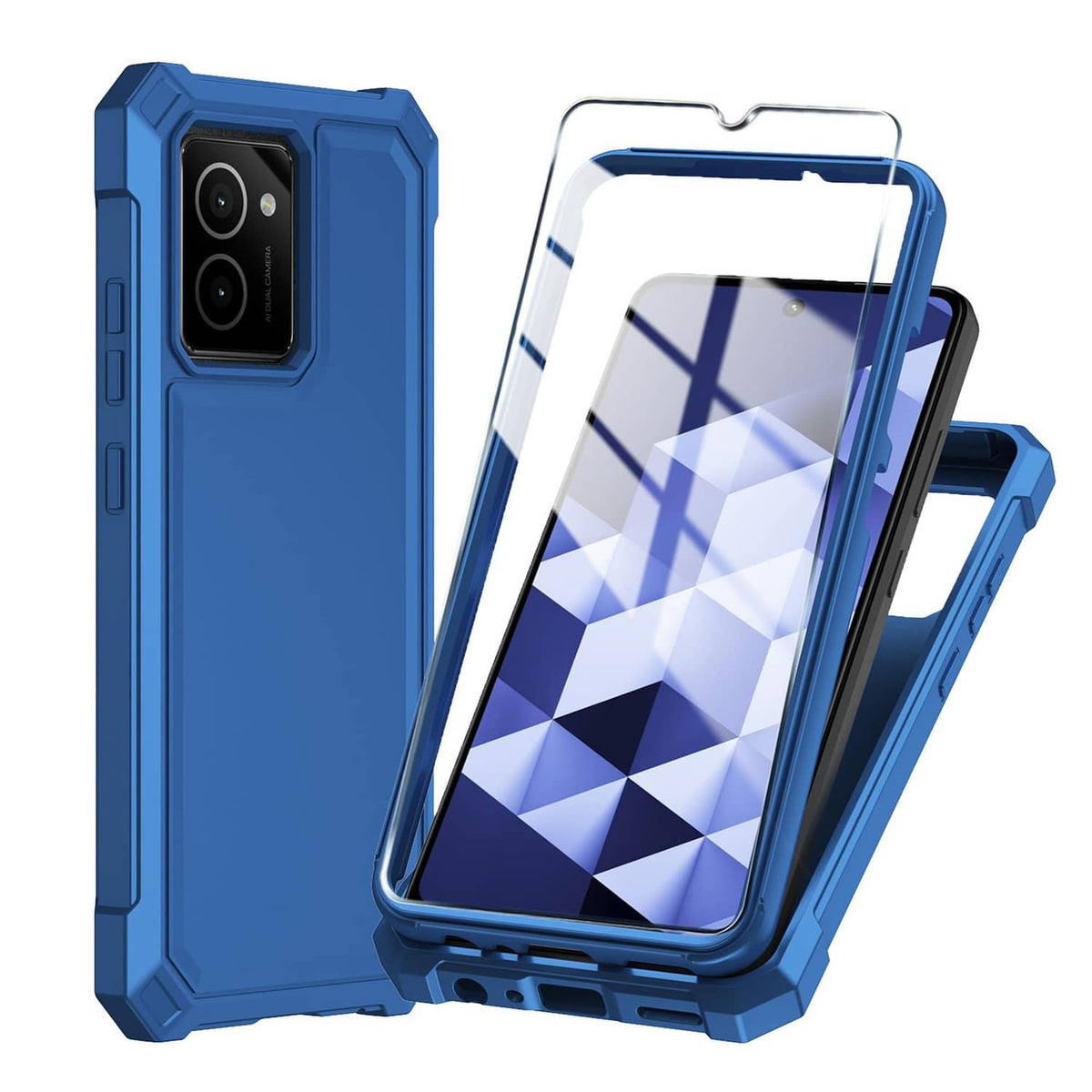Blue rugged phone case with camera cutout and raised edges, plus tempered glass screen cover
