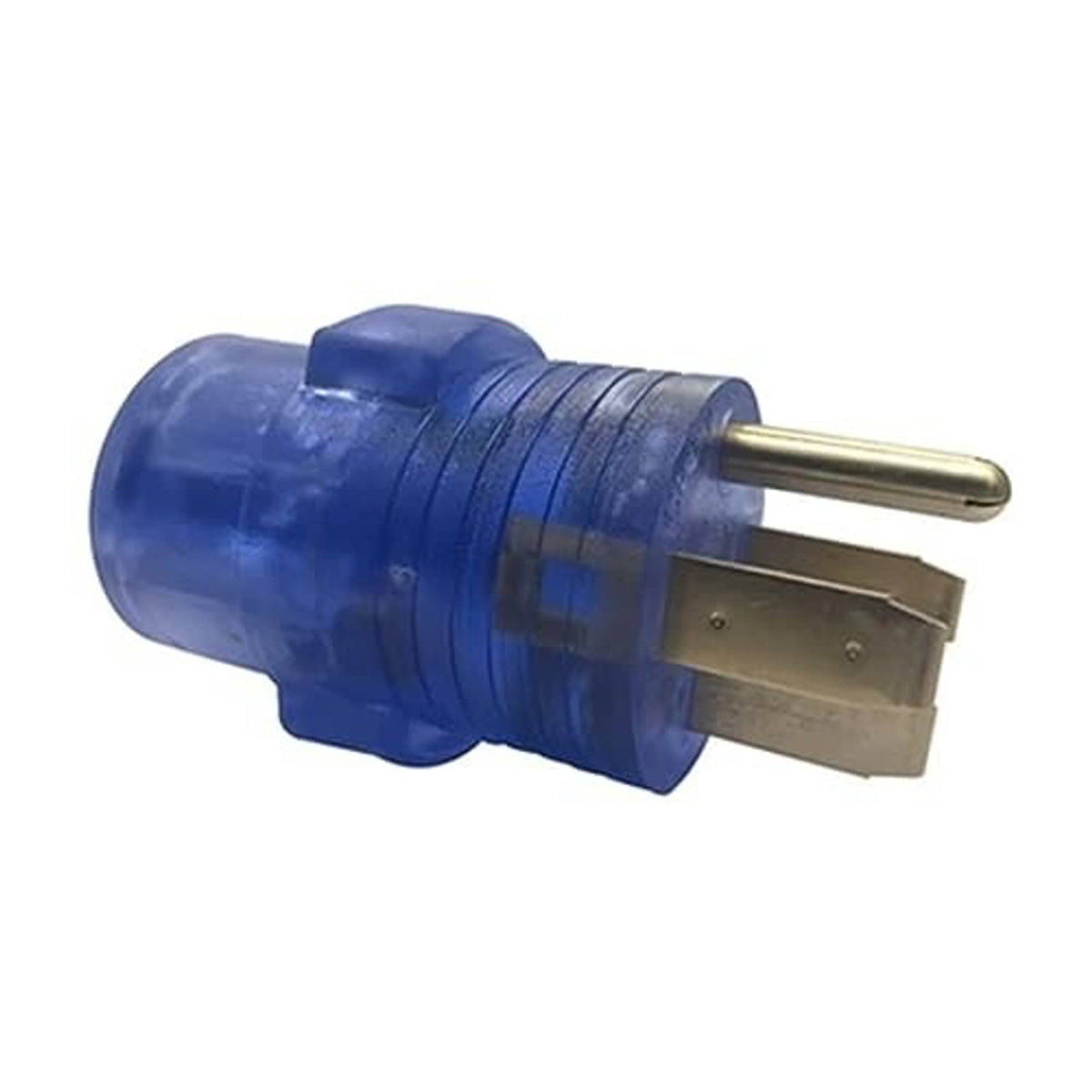Blue RV power conversion plug with gold pin and flat blade terminals, side profile
