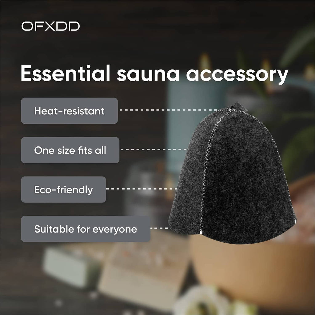 Dark grey wool sauna hat, cone shape with zigzag stitched trim and pointed top