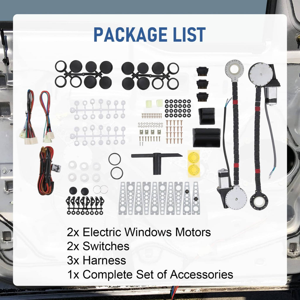 Window lift regulator conversion kit component set with motors, switches, harness, and hardware
