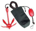 Grapnel anchor kit with black rope, red anchor, black carry bag, red float and hooks