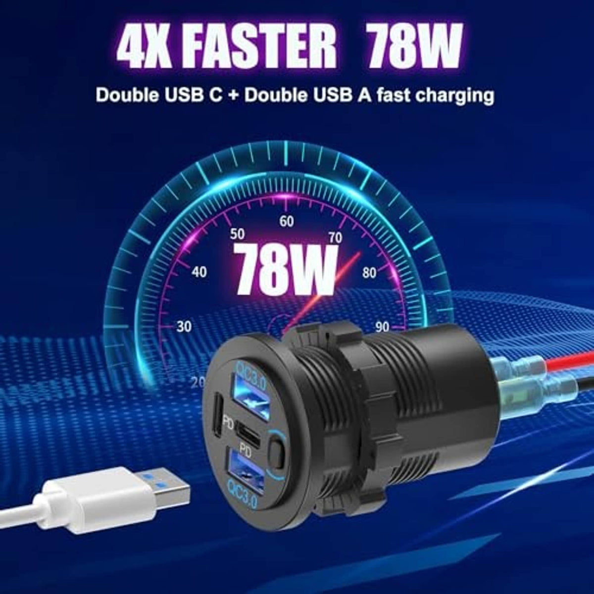 Round black car USB charger with double USB-C and double USB-A ports
