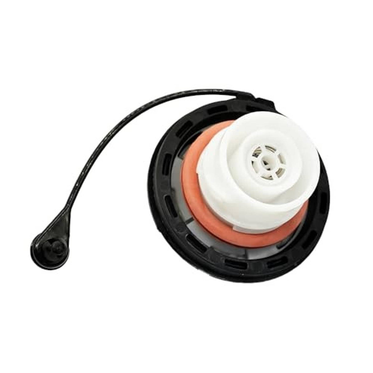 Gas tank cap underside view with white insert and orange sealing O-ring