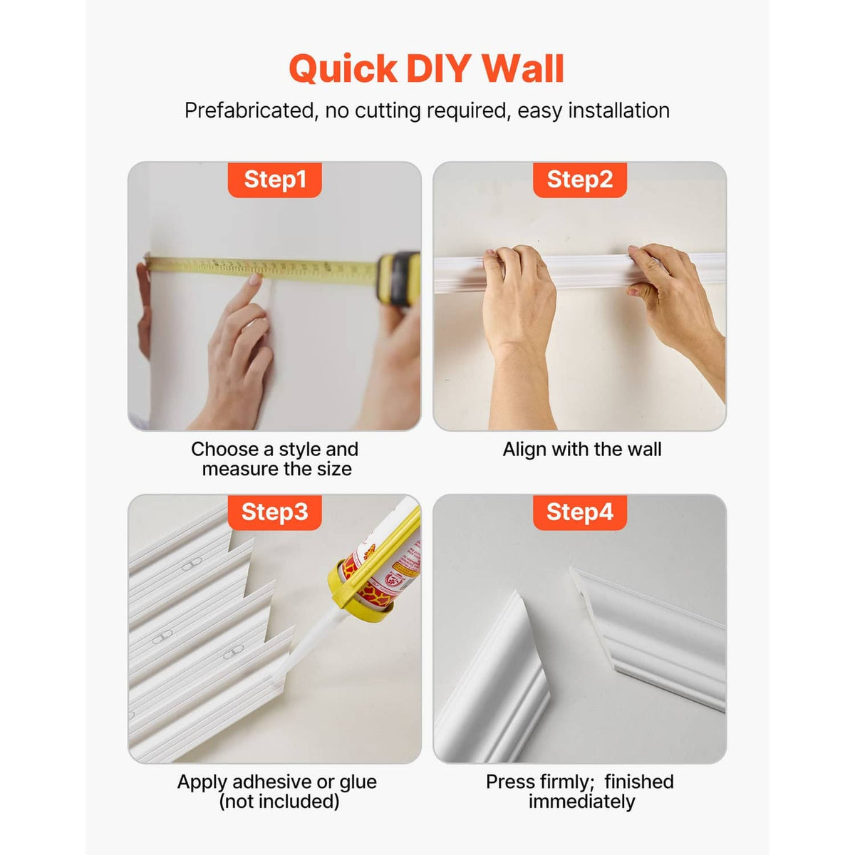 White wall molding trim installation steps with corner fit and secure press