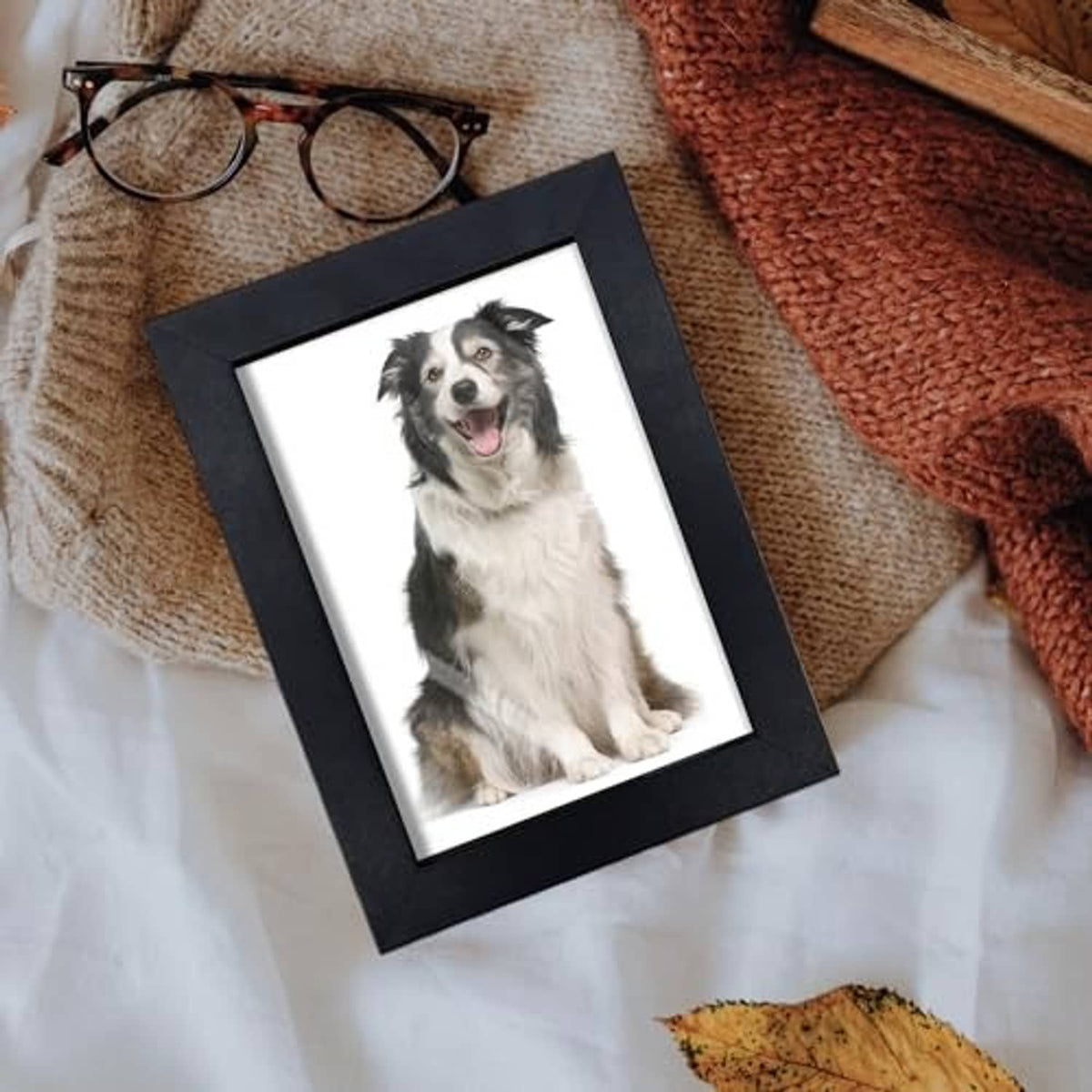 4x6 picture frame in dark finish holding a dog photo, angled on fabric