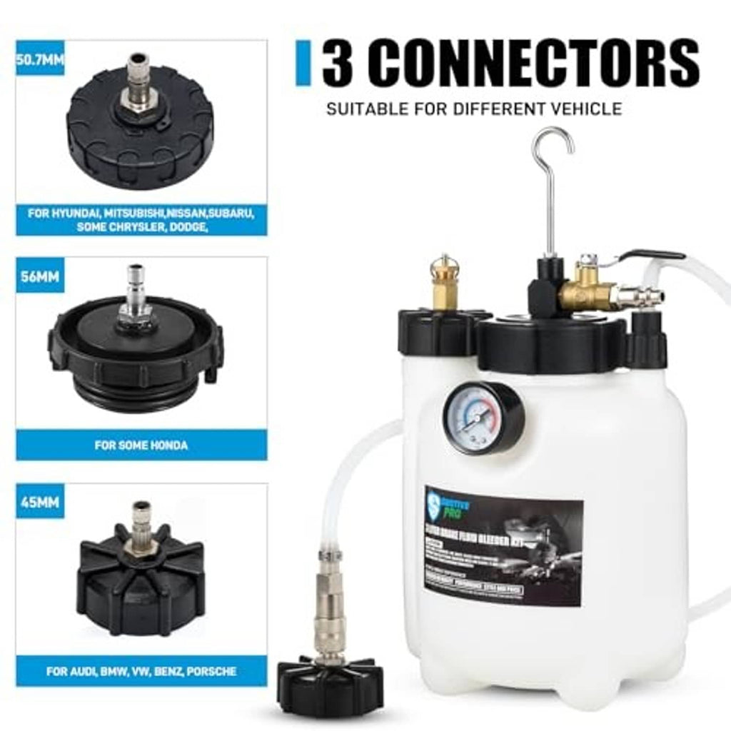 Brake bleeder kit with 3L tank and three adapter connectors for different vehicle fitments