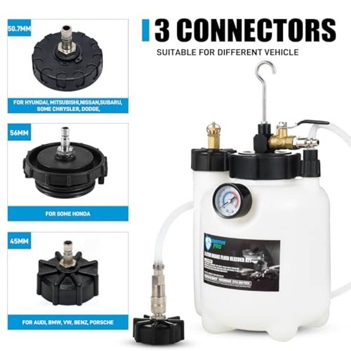 Brake bleeder kit with 3L tank and three adapter connectors for different vehicle fitments